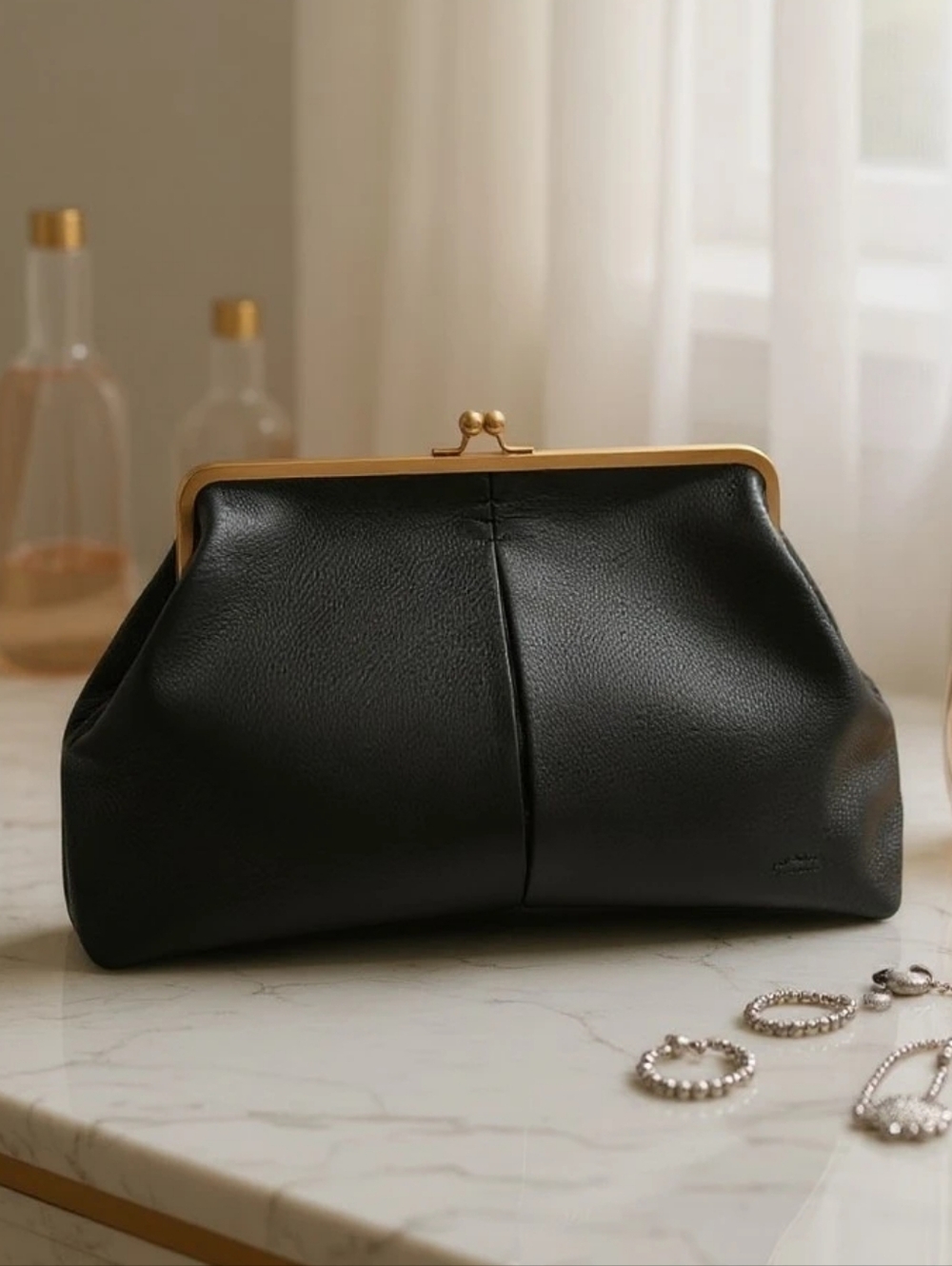 Kiss-Lock Black Leather Clutch with Gold Frame